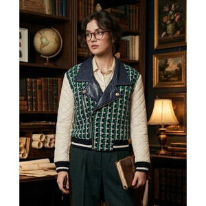 Endless Rose Tweed Quilted Moto Jacket Green White M/L